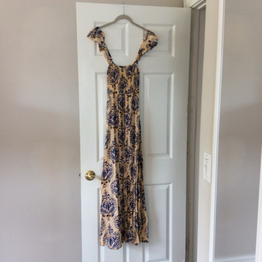 Tiare Hawaii Cream Tan Flutter Sleeve Maxi Sundress